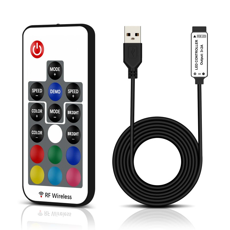 RGBZONE DC 5V USB RGB LED Controller, 17-Key RF Wireless Remote Control, 4-PIN LED Strip Lights Controller, 5050 3528 2835 RGB LED Strip Lights - Image 1